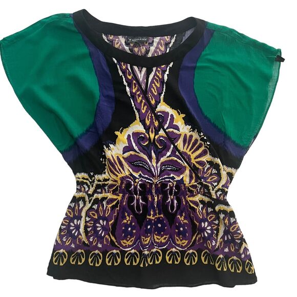 Rampage Y2K Retro Boho Abstract Top Large Snatched Waist Keyhole Indie - Picture 2 of 8